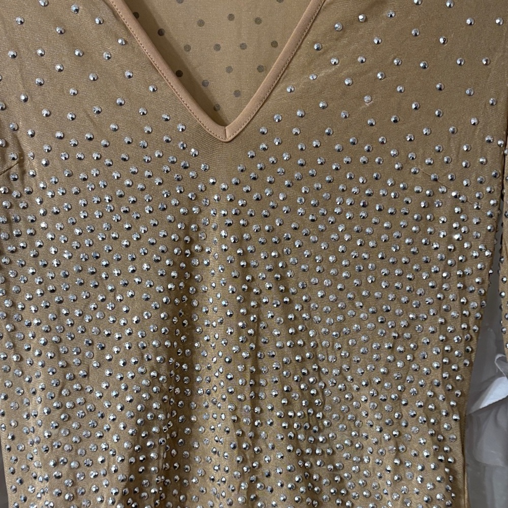 Elegant Tan Rhinestone Bodysuit By View 2